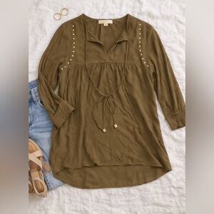 Michael Kors Olive Green Studded Tie Neck Blouse Size Medium Boho Peasant Top